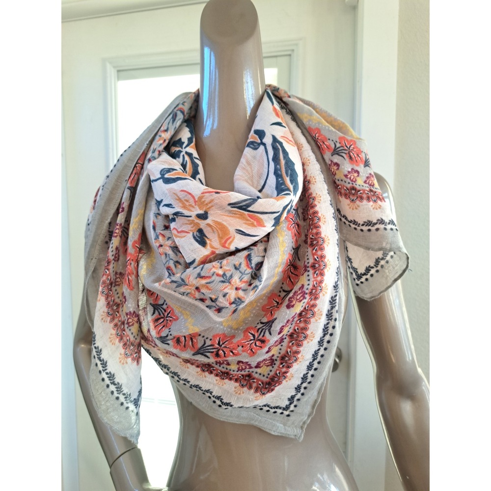 Bohemian Floral Print Scarf Lightweight Gauze Shawl Wrap Orange Navy Cream